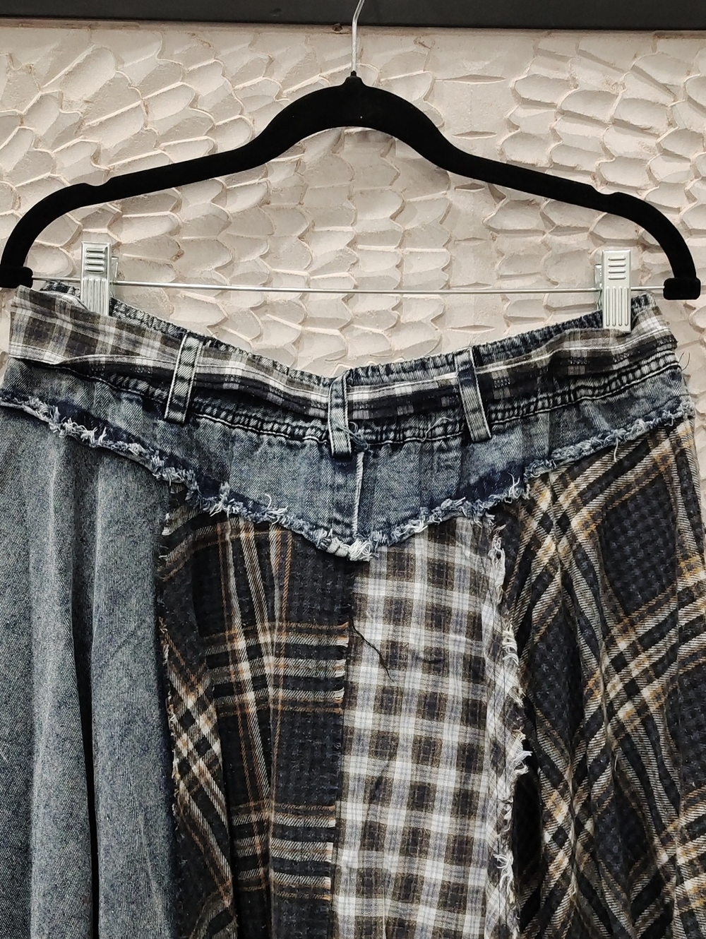 Boho Patchwork Plaid Assymetrical Denim Skirt - Blue - Picture 8 of 10
